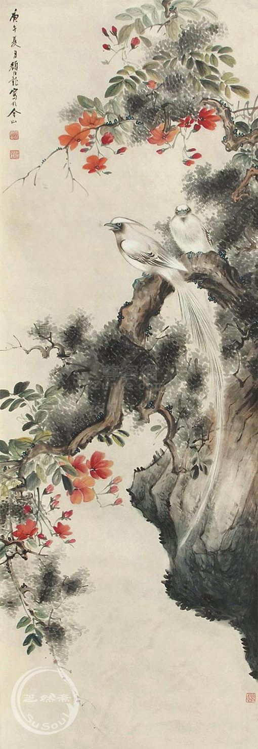 颜伯龙 《白绶带鸟凌霄花》
