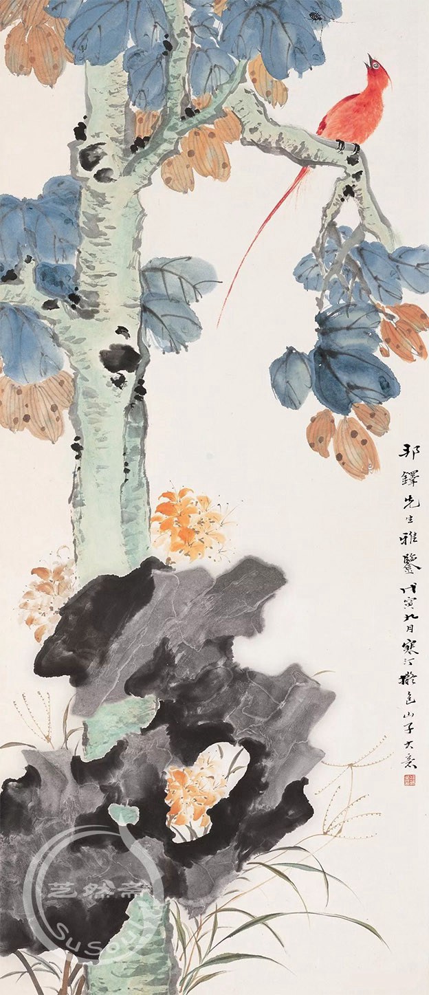 江寒汀 《桐荫绶带鸟》