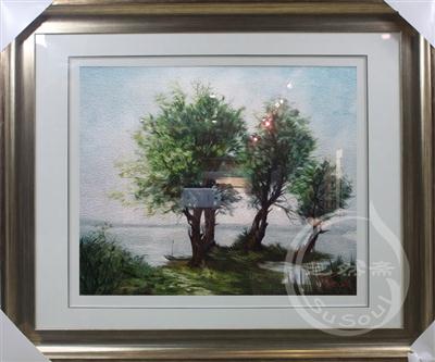 湖畔的树 苏绣风景油画精品