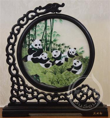 熊猫家族 鸡翅木龙架双面绣动物