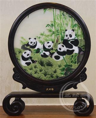 熊猫家族 鸡翅木书案架双面绣动物