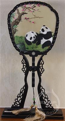 熊猫伉俪 紫光檀宫扇 双面绣动物