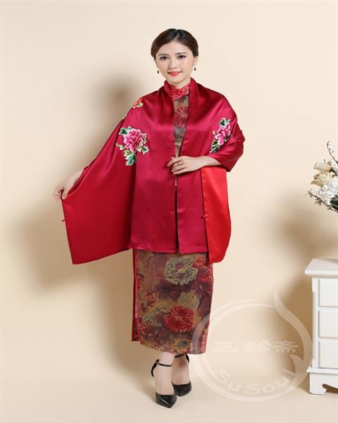 苏绣牡丹大围巾