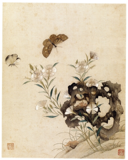 韩希孟绣《花卉虫鱼册》之《湖石花蝶》