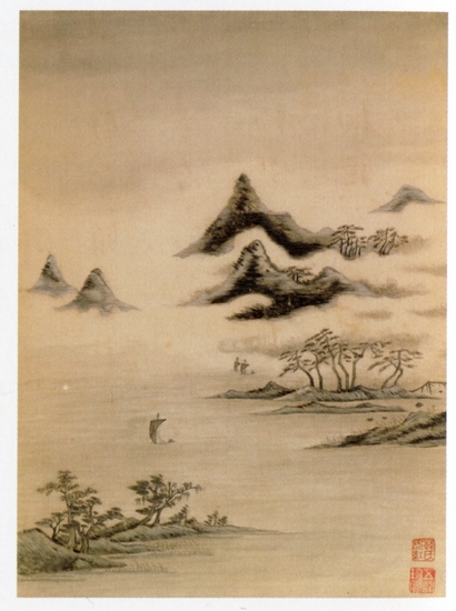 藏于故宫博物院的韩希孟绣《宋元名迹方册》之《米画山水图》