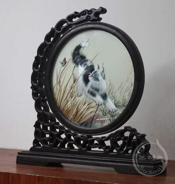 中國美術 七宝焼 景泰蓝 猫 蝶々 蘇繡 雙面繡 中國美術 七宝焼 景泰蓝 猫 蝶々 蘇繡 雙面繡 箱付き 苏绣双面绣