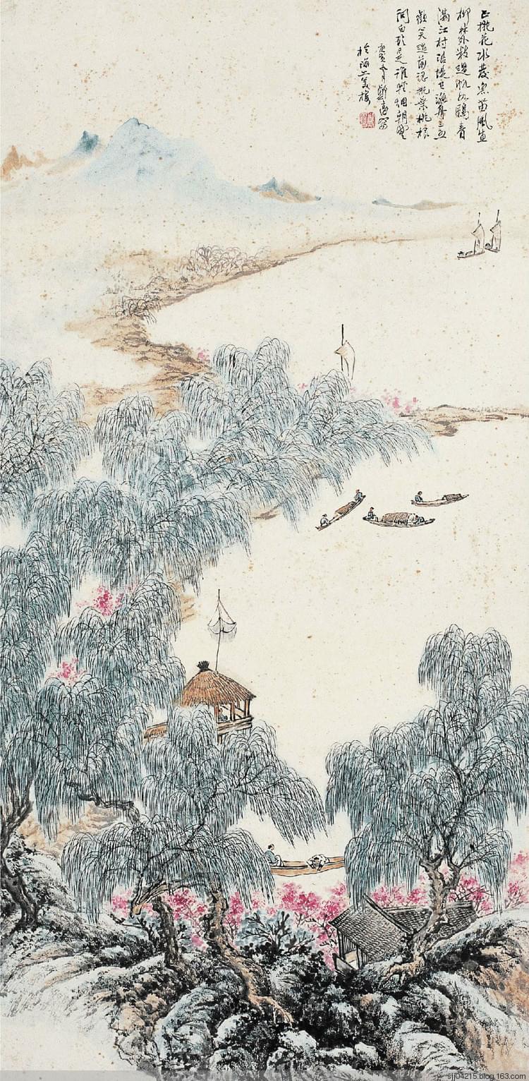 郑午昌 《桃风生柳》
