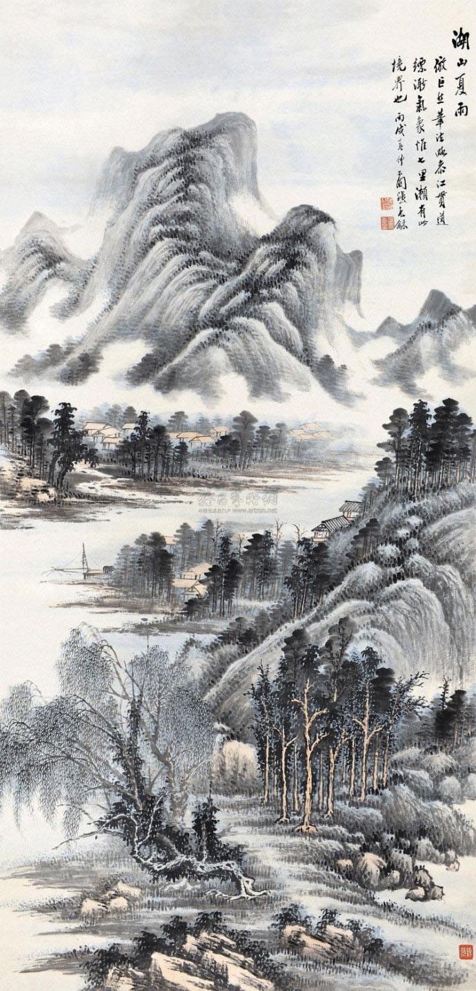张石园 《湖山夏雨》