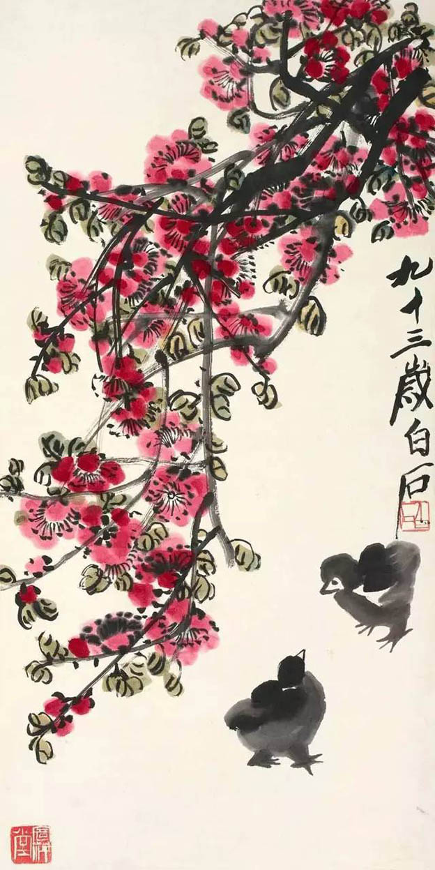 齐白石 《桃花双雏》