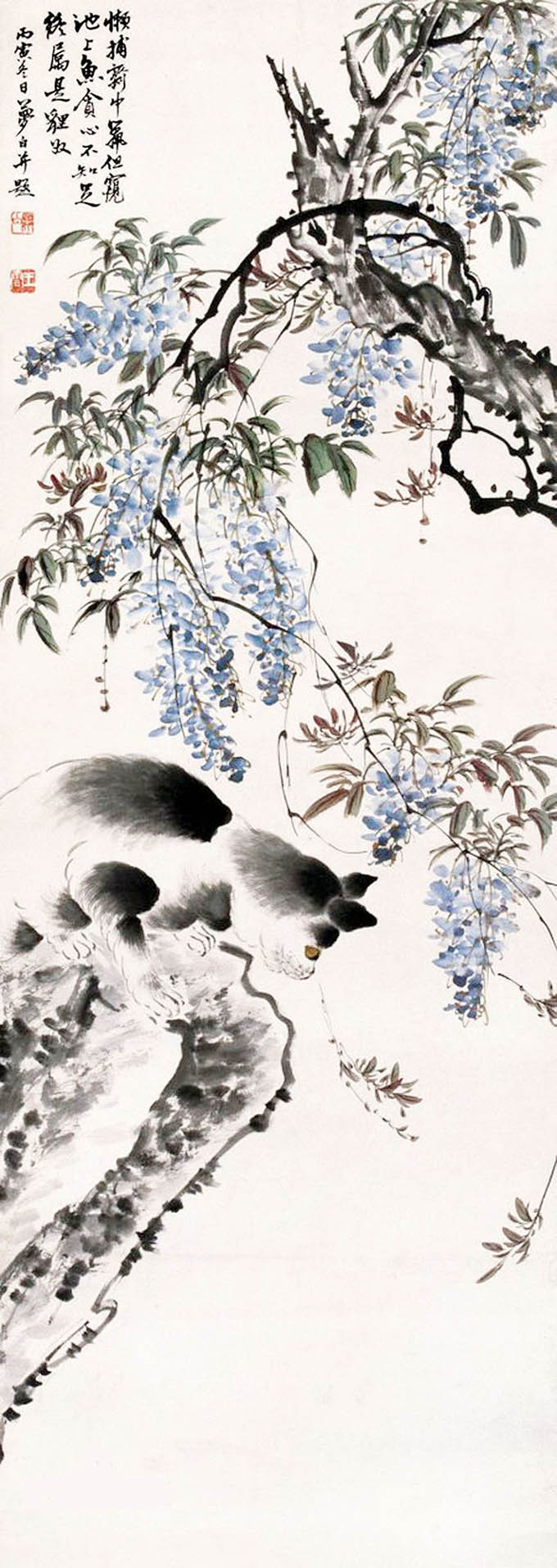 王梦白 《紫藤狸奴》
