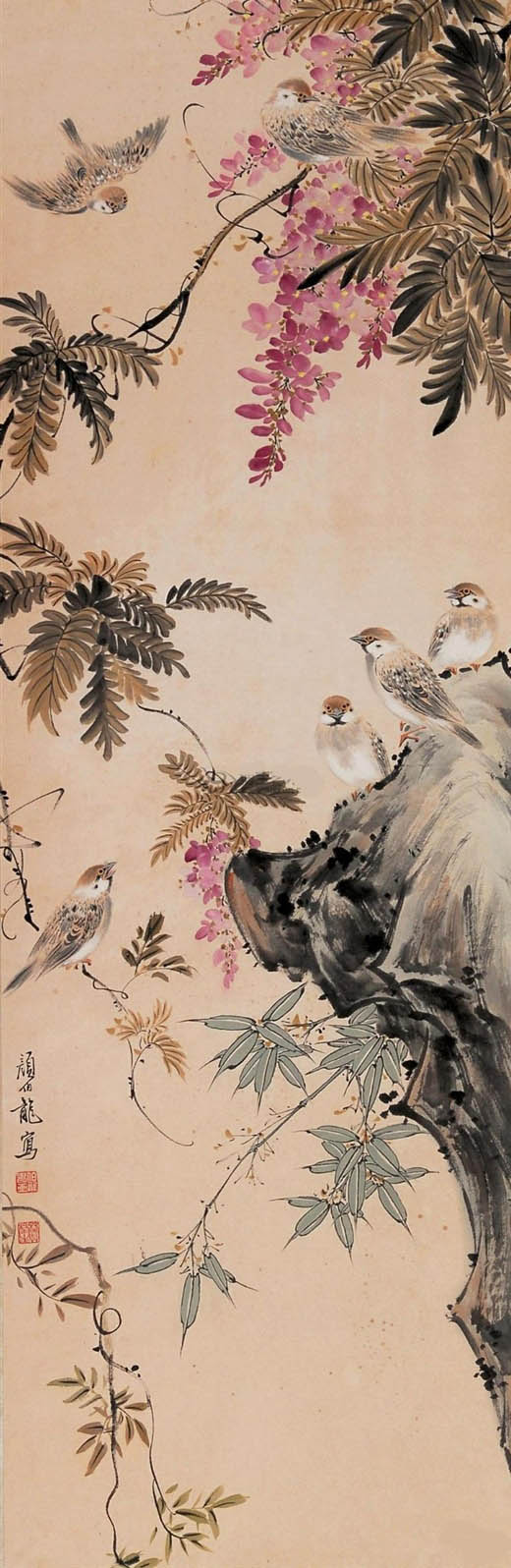 颜伯龙 《紫藤麻雀》