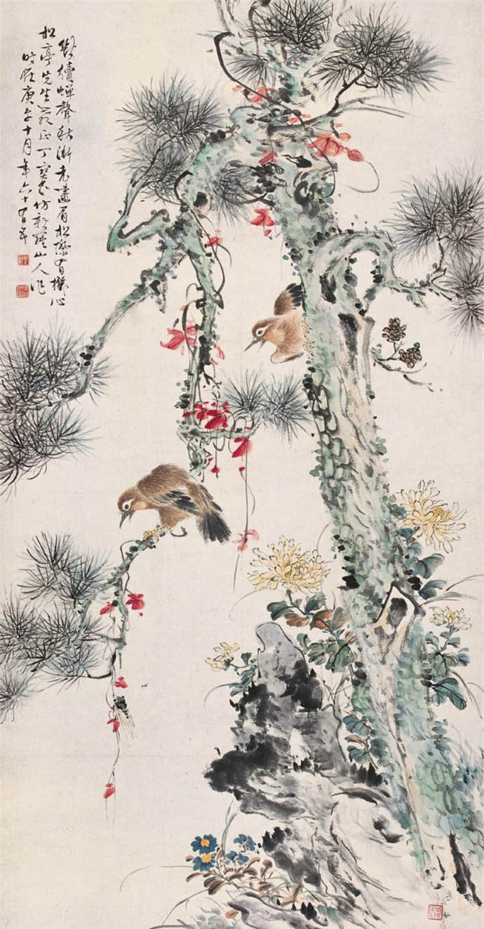 丁宝书 《松际画眉》
