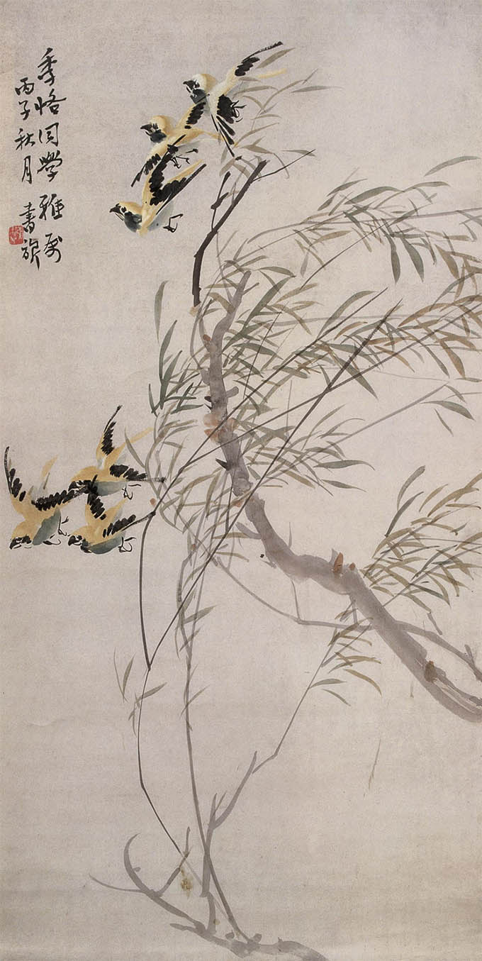 张书旂 《柳风惊雀》