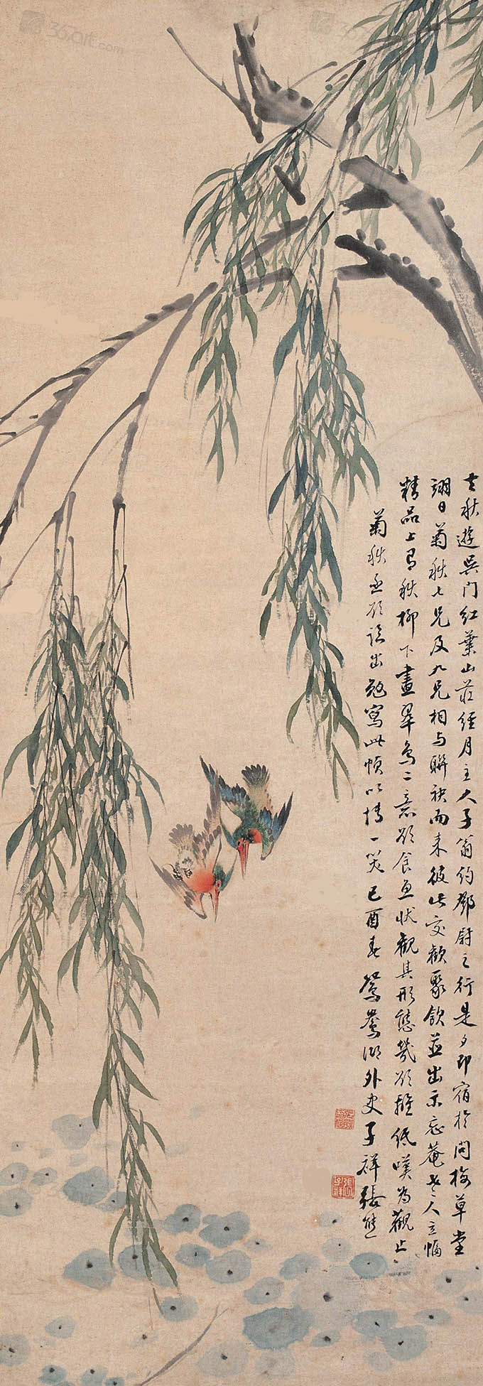 张熊 《柳塘翠羽》