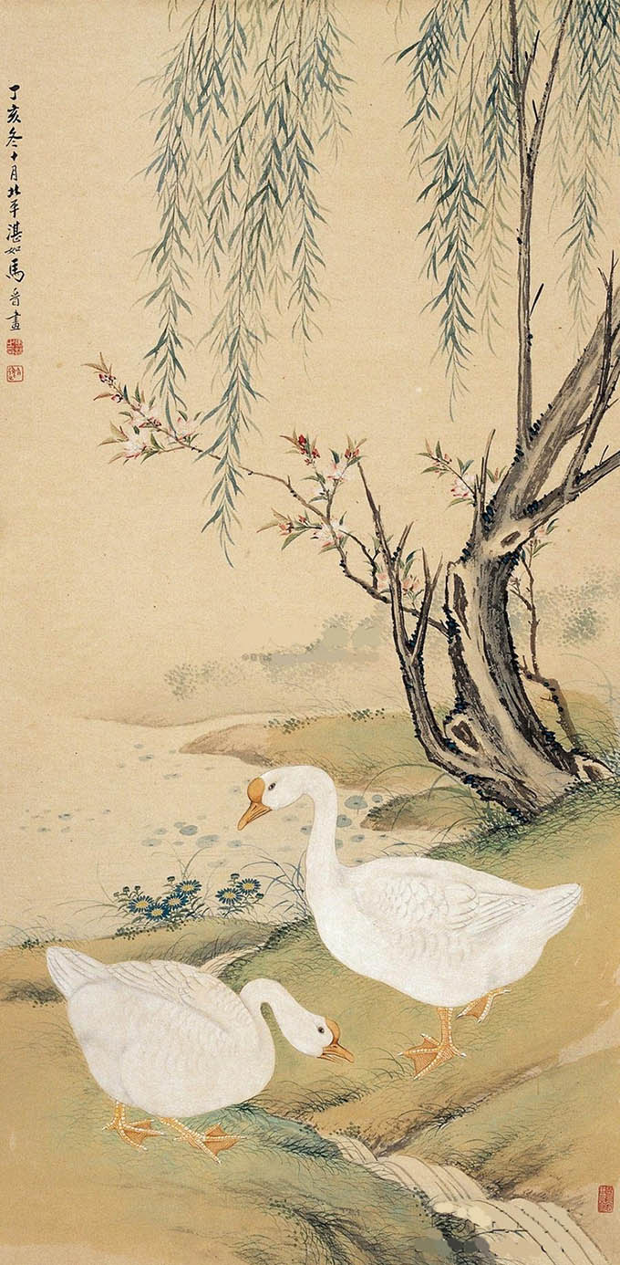 马晋 《柳塘双鹅》