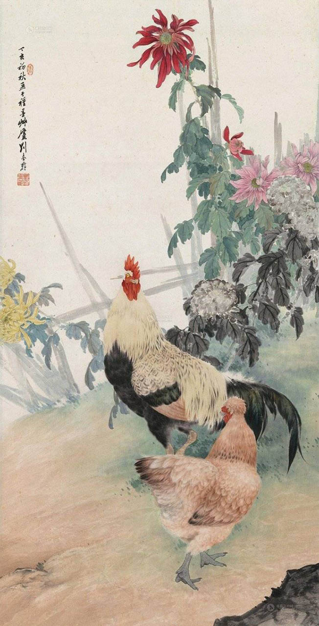 刘奎龄 《菊下双鸡图》