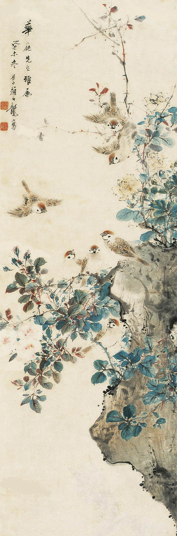 颜伯龙 《麻雀蔷薇》