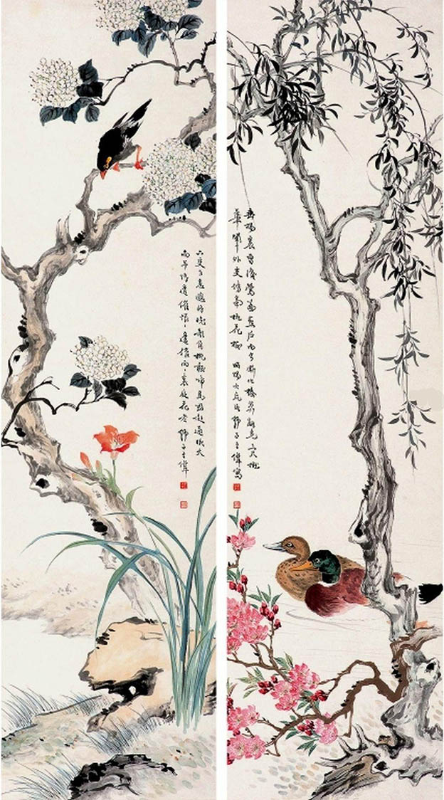 王师子 《四季花鸟》四条屏