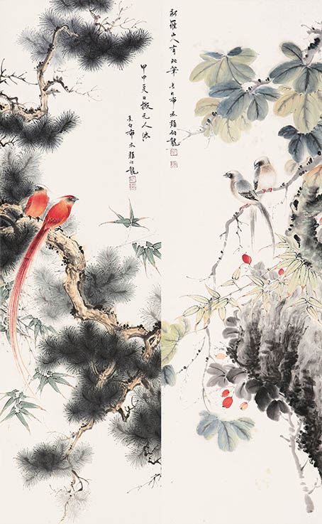 颜伯龙 《吉祥双寿》四条屏