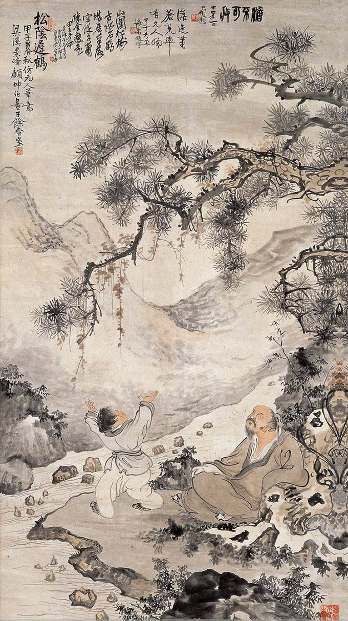 顾坤伯 《松荫迟鹤》