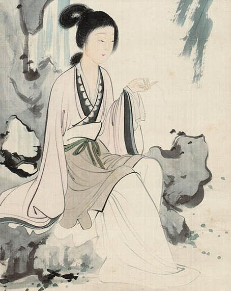 陈少梅 《芭蕉湖石仕女》