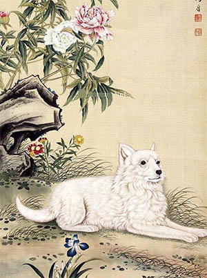 马晋 《芍药白犬图》