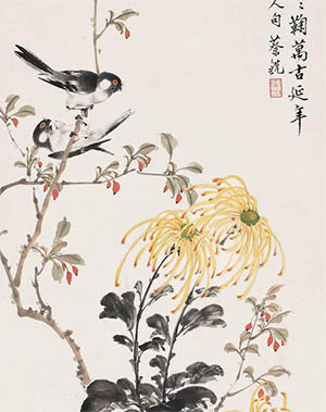 蔡铣 《菊石山雀图》