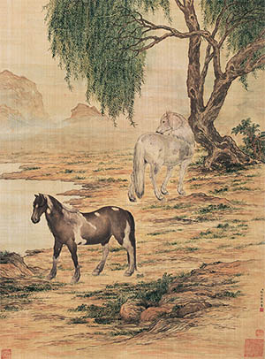 郎世宁 《柳下双骏》
