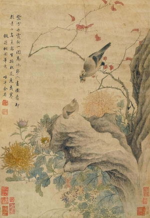余省 《菊石哺雏图》