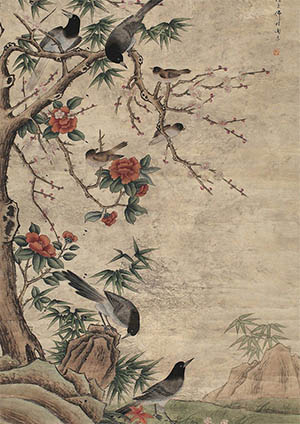 陈之佛 《茶梅群鹊图》