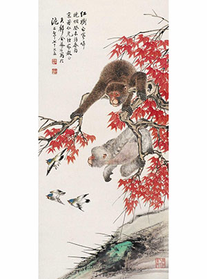 金梦石 《红叶双猿》