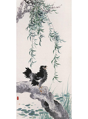 江寒汀 《柳塘鸣禽图》