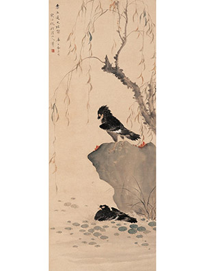 江寒汀 《柳塘鸲鹆图》