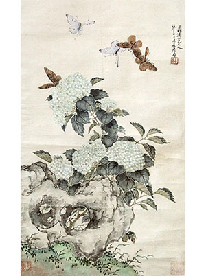 居廉 《绣球花湖石粉蝶图》
