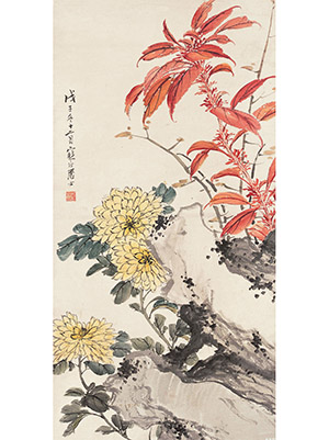 江寒汀 《菊花雁来红》