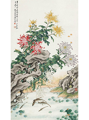 黄山寿 《菊丛游鱼图》