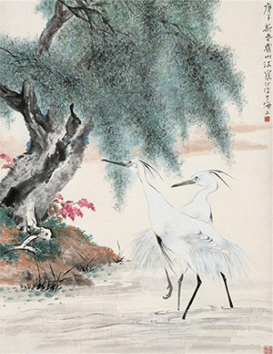 江寒汀 《柳塘双鹭》