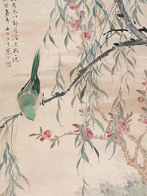 江寒汀 《桃柳双雀图》