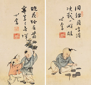 溥儒 《童戏图》对屏