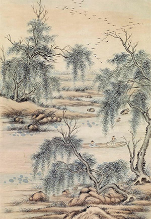陆恢 《柳塘泛舟图》