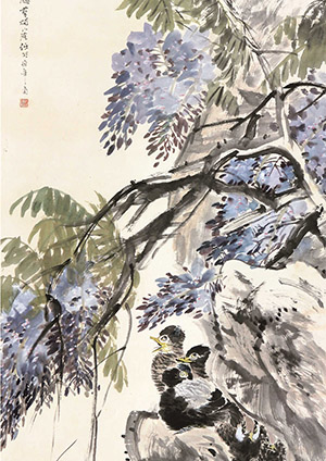 任伯年 《紫藤集禽》