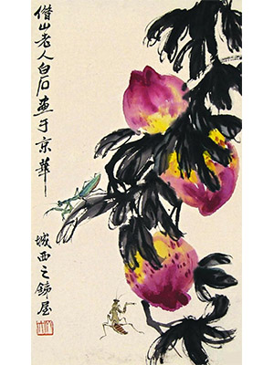 齐白石 《寿桃螳螂》