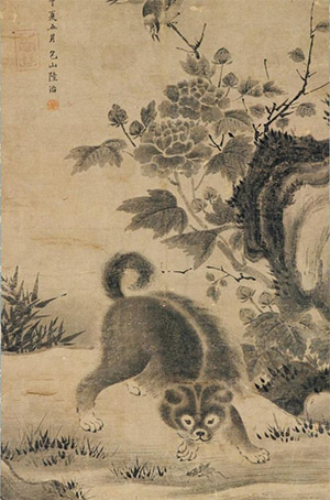 陆治 《牡丹幼犬图》