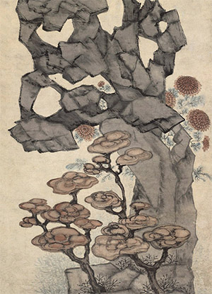 吴彬 《灵芝太湖石图》