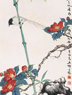 王师子 《茶花绶带鸟》