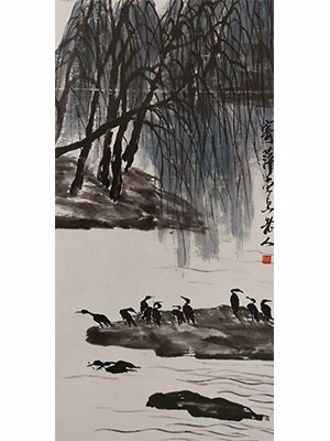 齐白石 《柳岸鸬鹚》