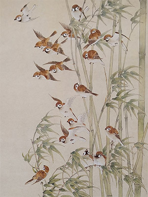 陈少梅 《绿竹群雀》