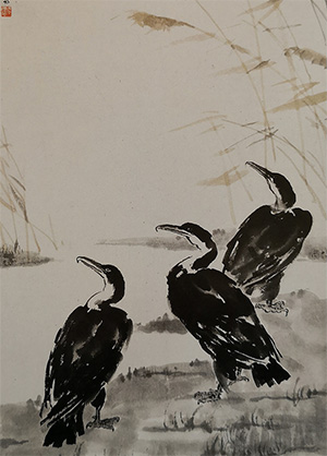 徐悲鸿 《芦塘鱼鹰》