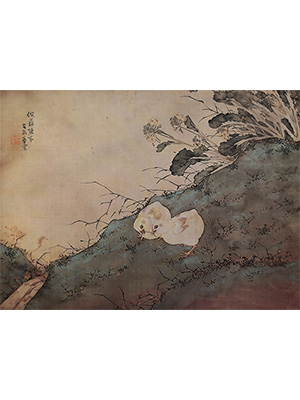 居廉 《雏鸡争虫》