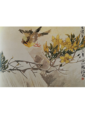 任伯年 《溪流飞禽》